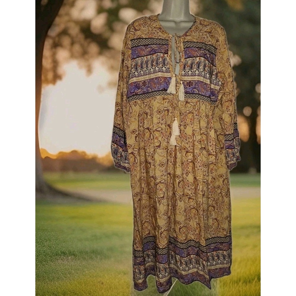 R. Vivimos Multicolor Floral Print Maxi Dress Kaftan Boho Garden‎ Tassel Sz 2XL